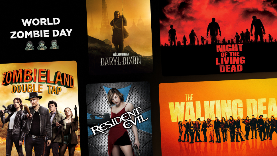 A collage shows various Zombie movies and TV programs to watch on Philo to celebrate World Zombie Day.
